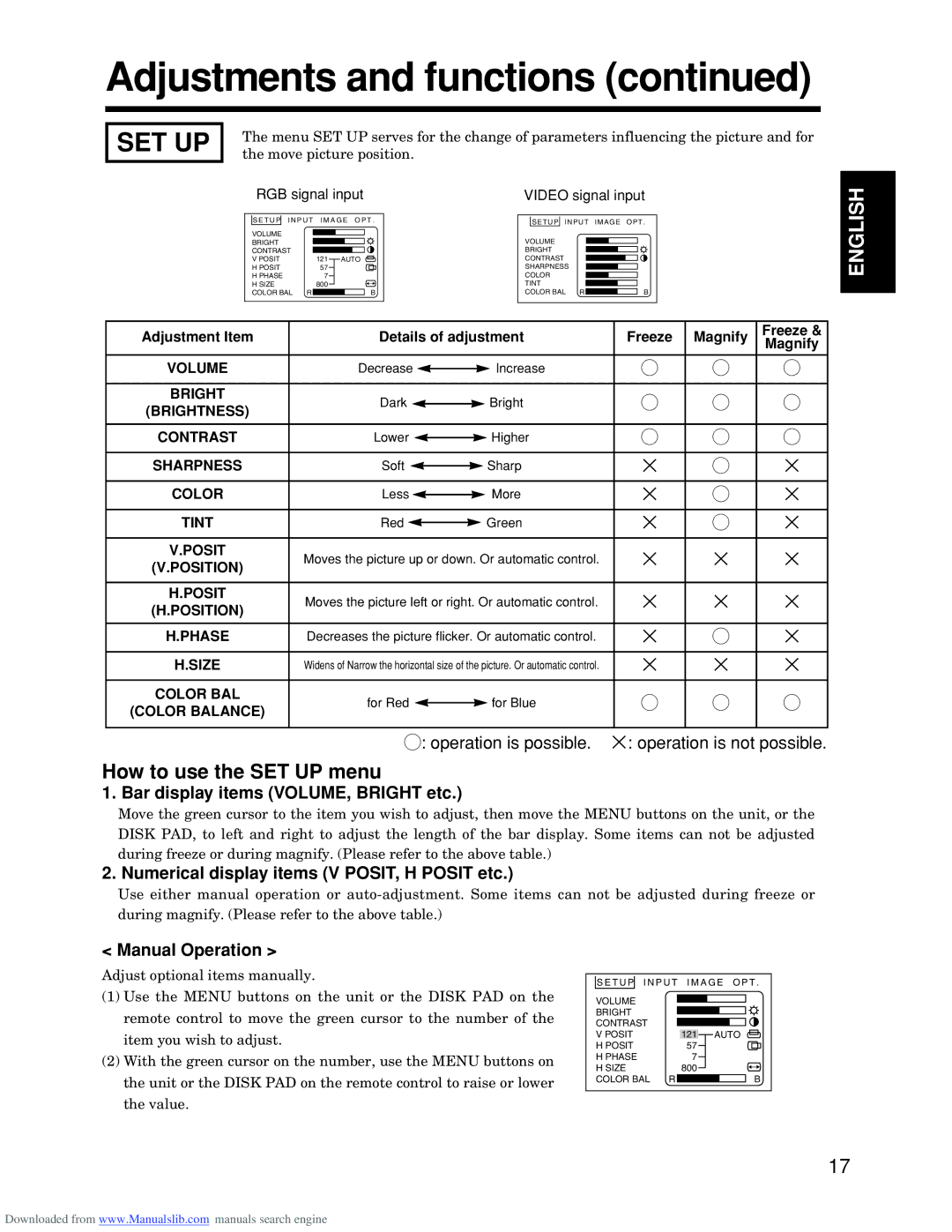 Hitachi CP-S845W specifications Set Up, How to use the SET UP menu, Bar display items VOLUME, Bright etc, Manual Operation 