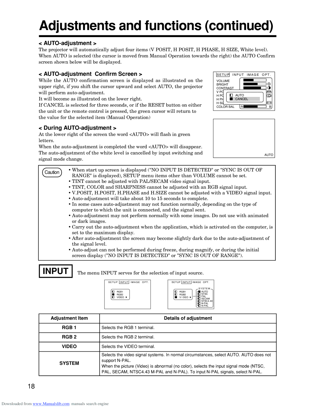 Hitachi CP-S845W Input, AUTO-adjustment Confirm Screen, During AUTO-adjustment, Adjustment Item Details of adjustment 