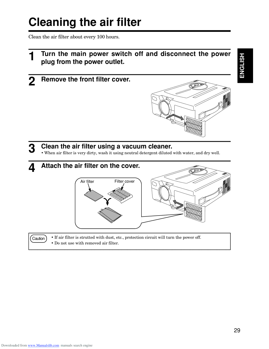 Hitachi CP-S845W specifications Cleaning the air filter, Air filter Filter cover, Do not use with removed air filter 