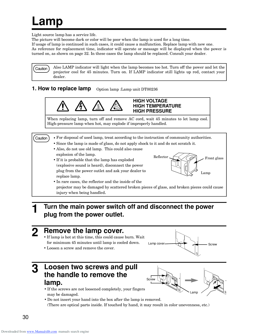 Hitachi CP-S845W specifications Remove the lamp cover, Loosen two screws and pull the handle to remove Lamp 