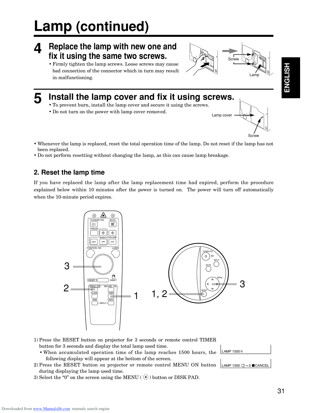 Hitachi CP-S845W specifications Lamp, Install the lamp cover and fix it using screws, Reset the lamp time, Malfunctioning 