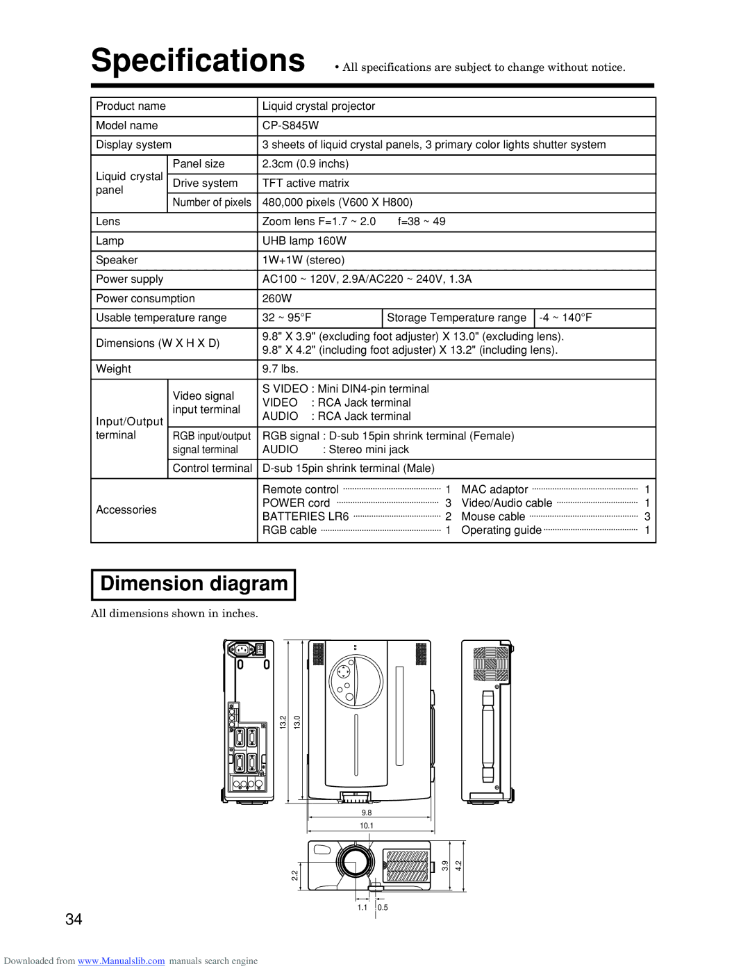 Hitachi Dimension diagram, Product name Liquid crystal projector Model name CP-S845W, RCA Jack terminal Terminal 