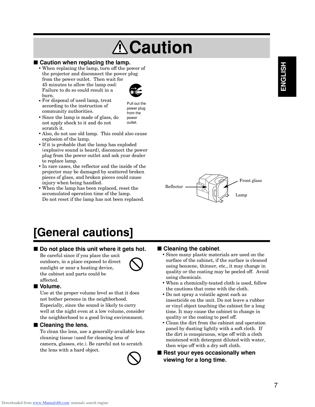 Hitachi CP-S845W specifications Do not place this unit where it gets hot, Volume, Cleaning the lens, Cleaning the cabinet 