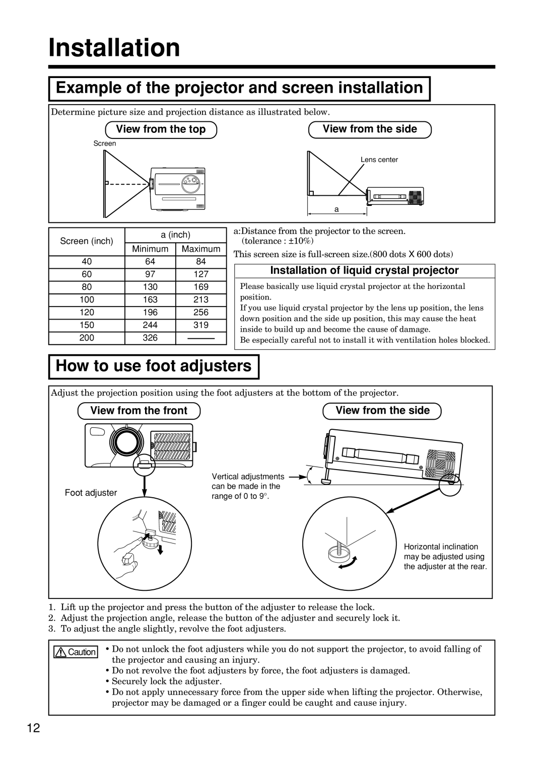 Hitachi CP-S845W specifications Installation, Example of the projector and screen installation, How to use foot adjusters 