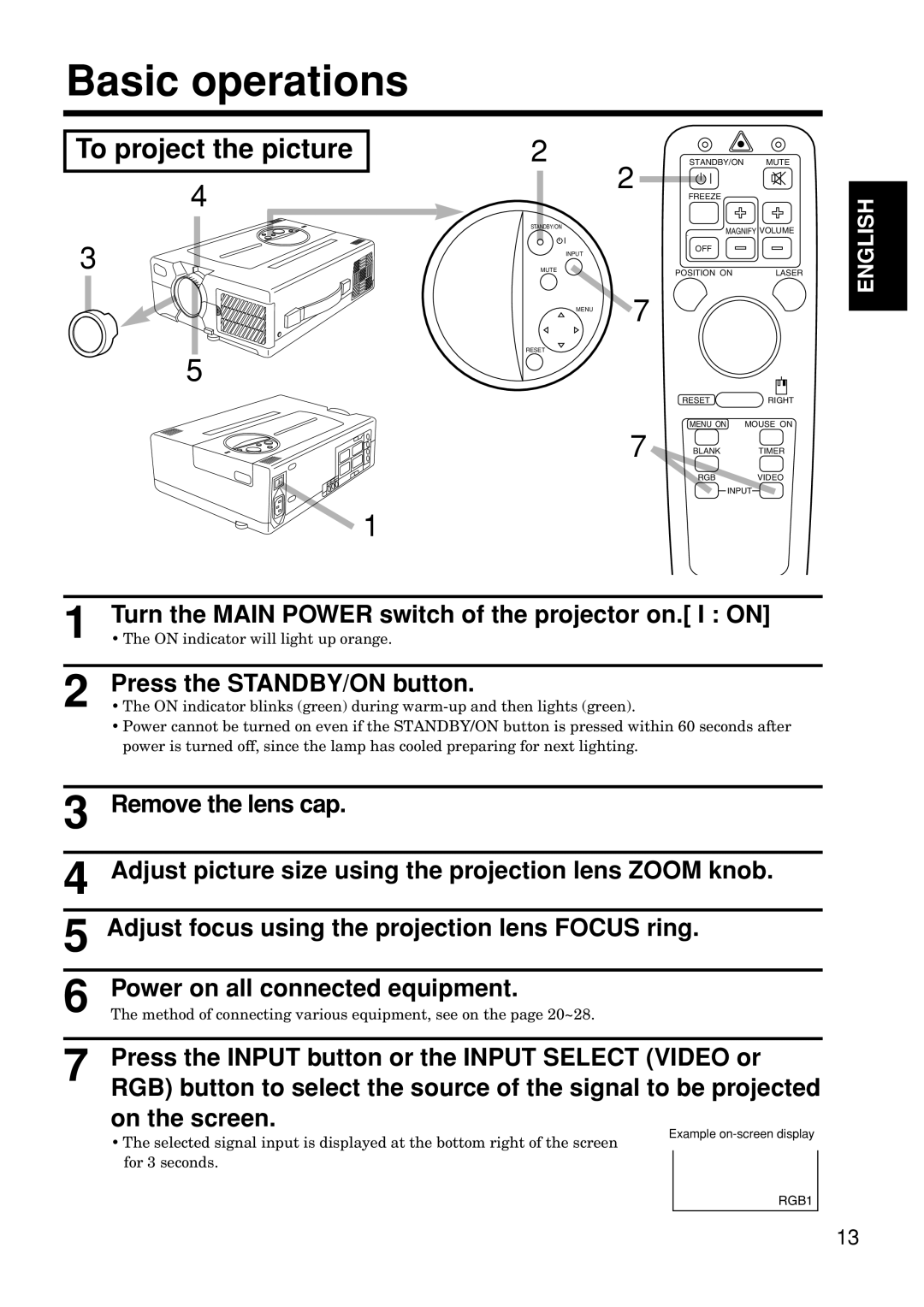 Hitachi CP-S845W specifications Basic operations, To project the picture, On indicator will light up orange, For 3 seconds 