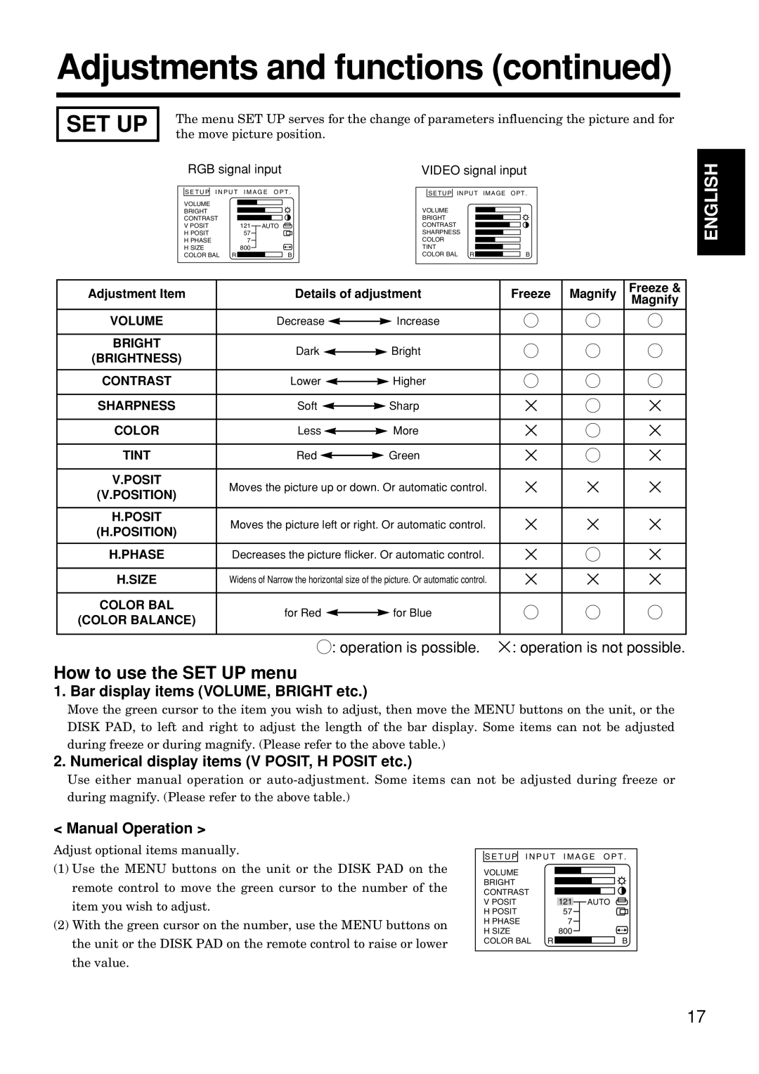 Hitachi CP-S845W specifications Set Up, How to use the SET UP menu, Bar display items VOLUME, Bright etc, Manual Operation 