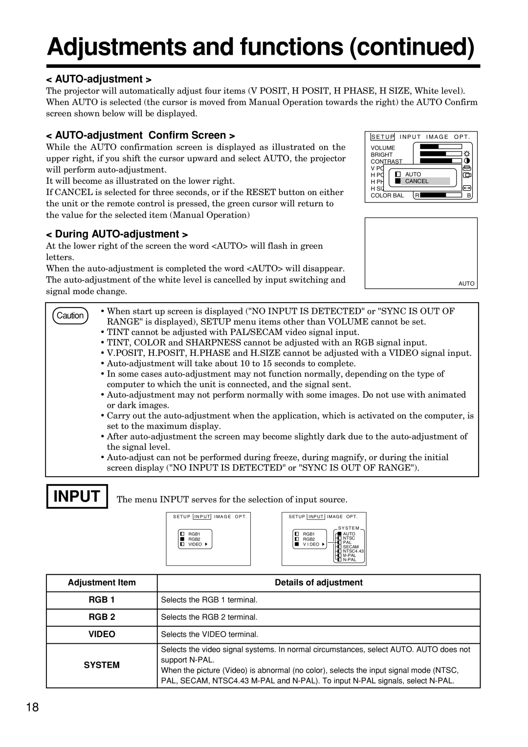 Hitachi CP-S845W Input, AUTO-adjustment Confirm Screen, During AUTO-adjustment, Adjustment Item Details of adjustment 