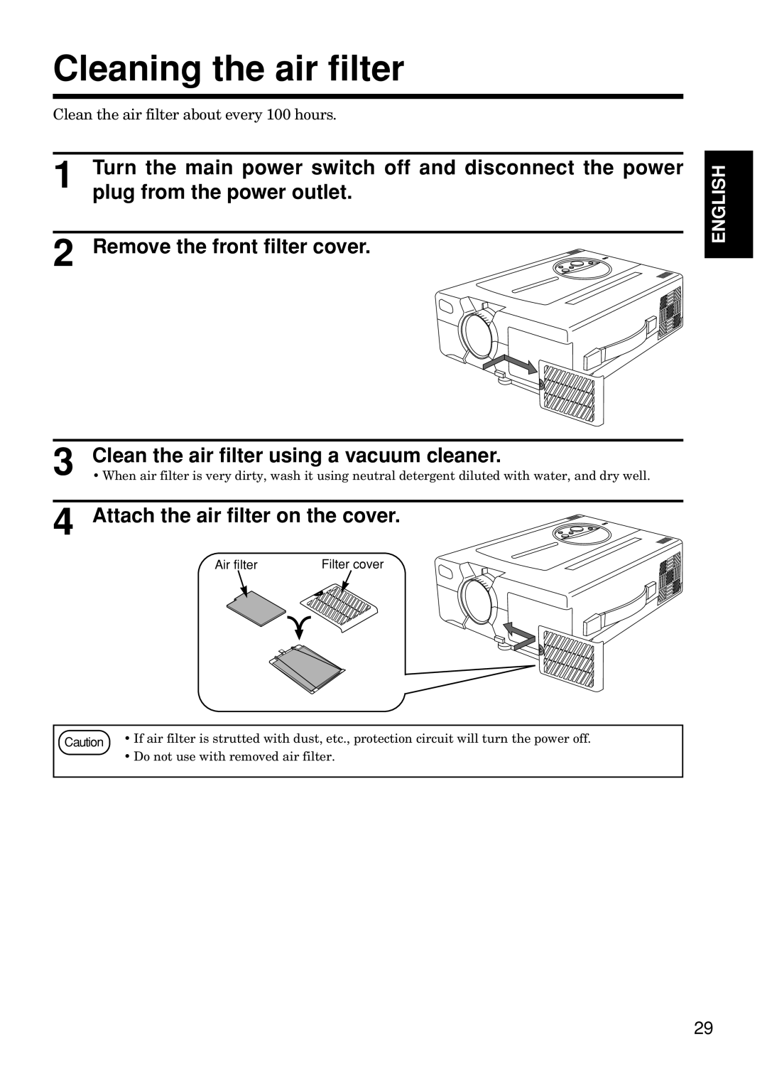 Hitachi CP-S845W specifications Cleaning the air filter, Air filter Filter cover, Do not use with removed air filter 