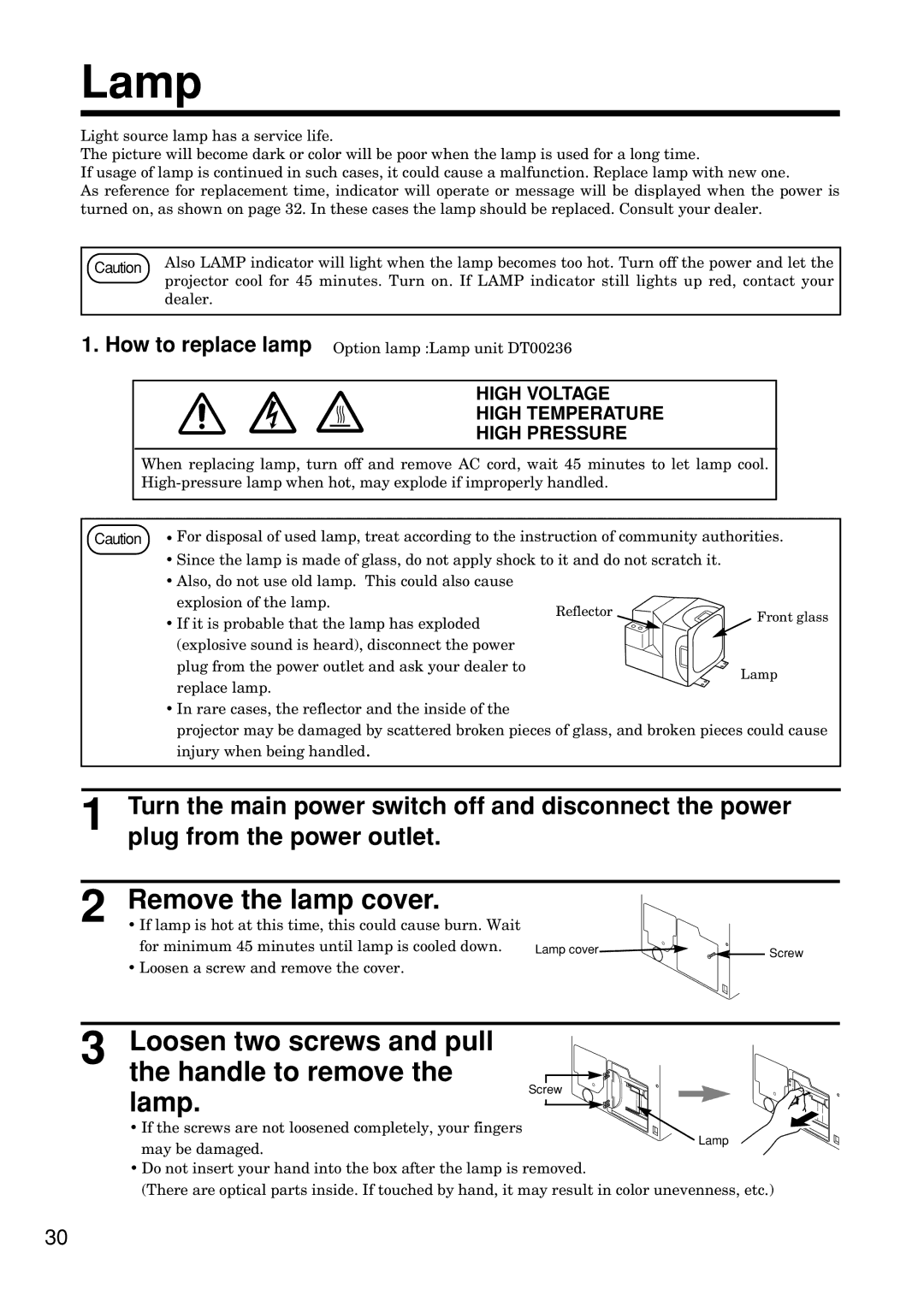 Hitachi CP-S845W specifications Remove the lamp cover, Loosen two screws and pull the handle to remove Lamp 