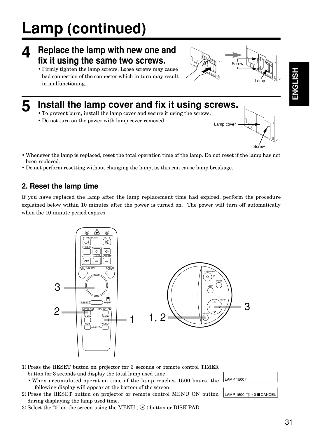 Hitachi CP-S845W specifications Lamp, Install the lamp cover and fix it using screws, Reset the lamp time, Malfunctioning 