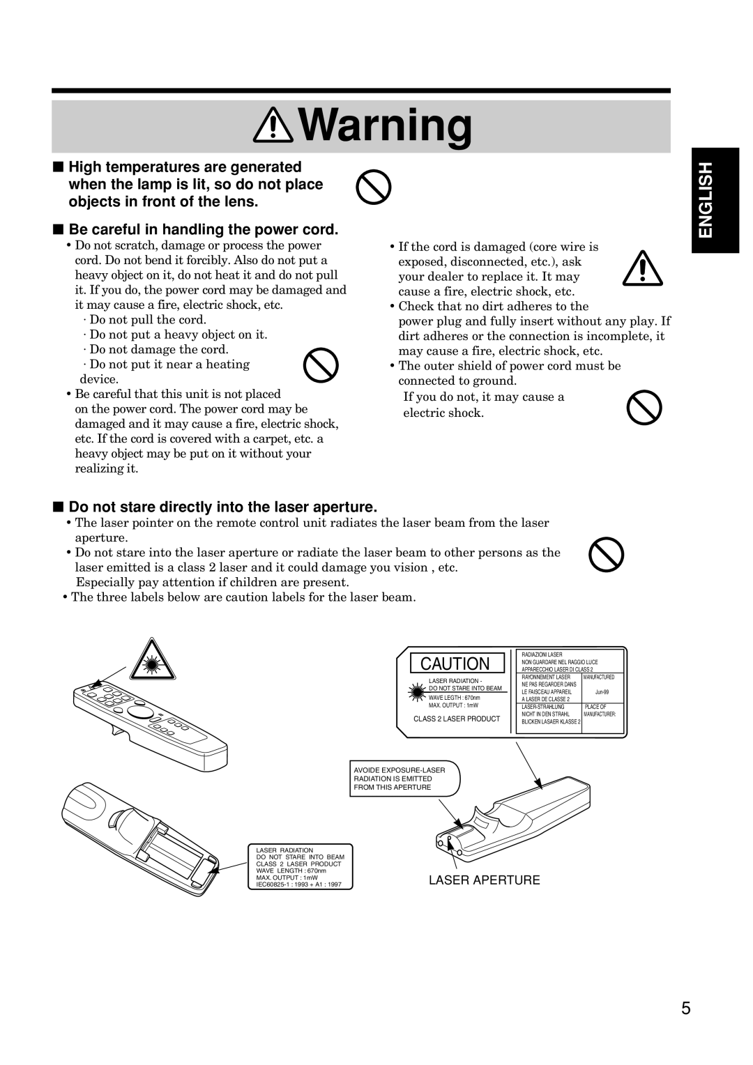 Hitachi CP-S845W specifications Do not stare directly into the laser aperture, Class 2 Laser Product 