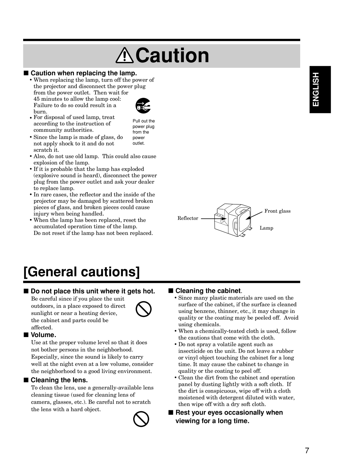 Hitachi CP-S845W specifications Do not place this unit where it gets hot, Volume, Cleaning the lens, Cleaning the cabinet 