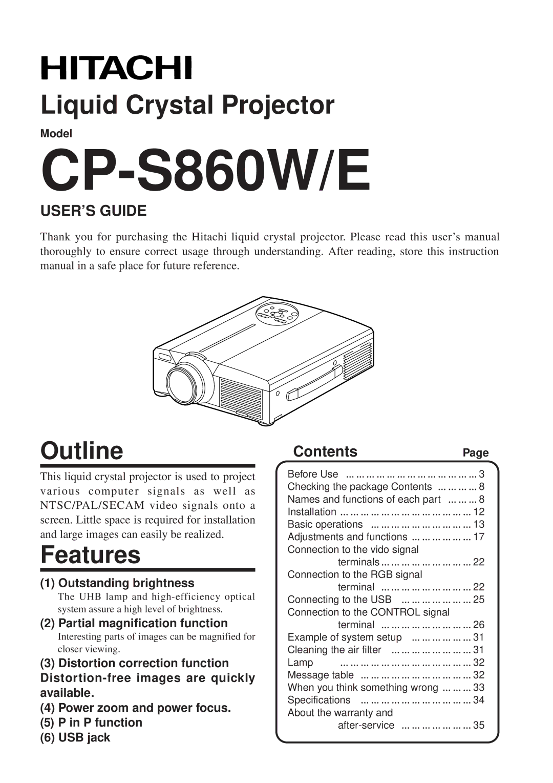 Hitachi CP-S860E user manual Outline, Features, ContentsPage 