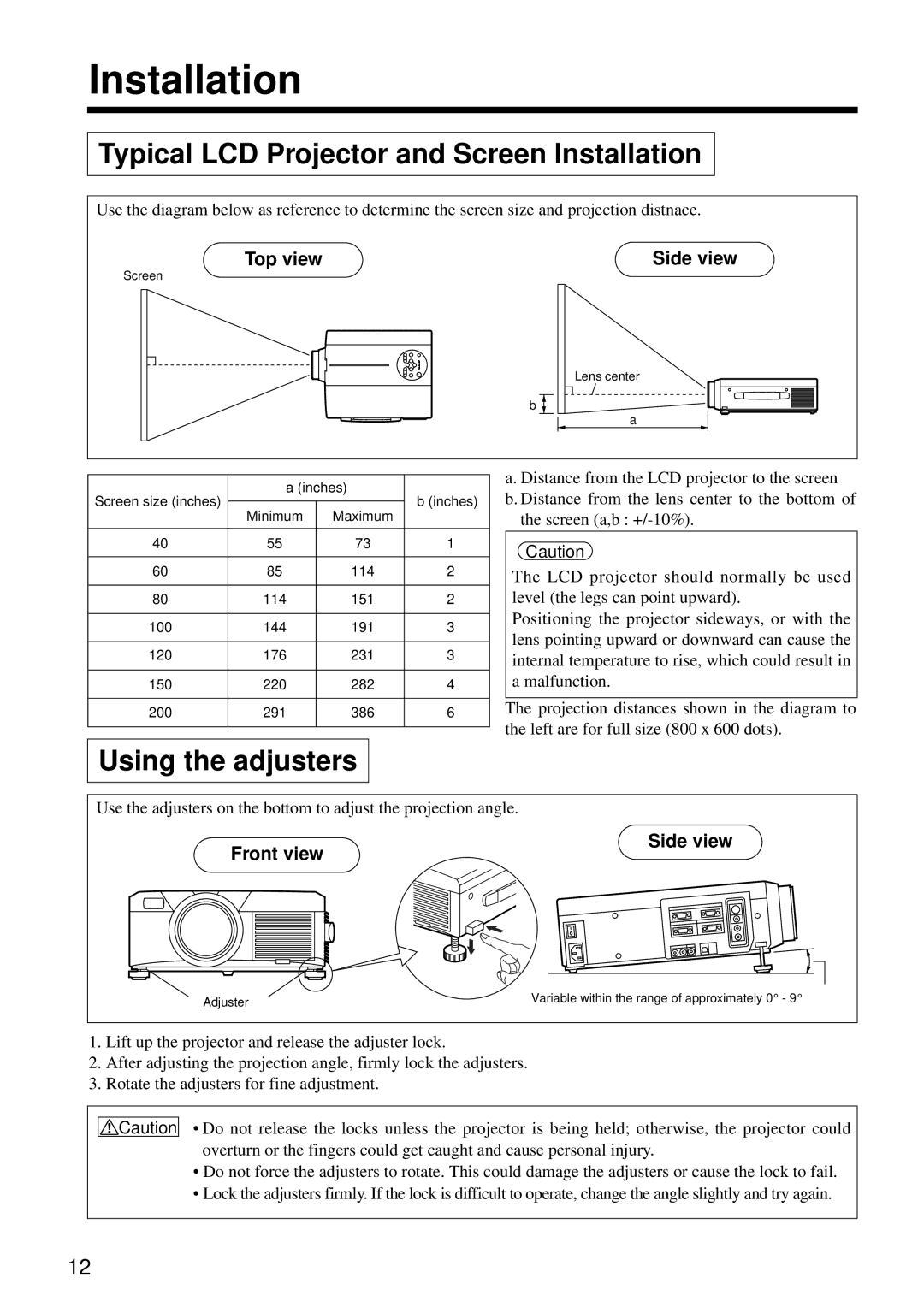 Hitachi CP-S860E user manual Typical LCD Projector and Screen Installation, Using the adjusters, Top view Side view 