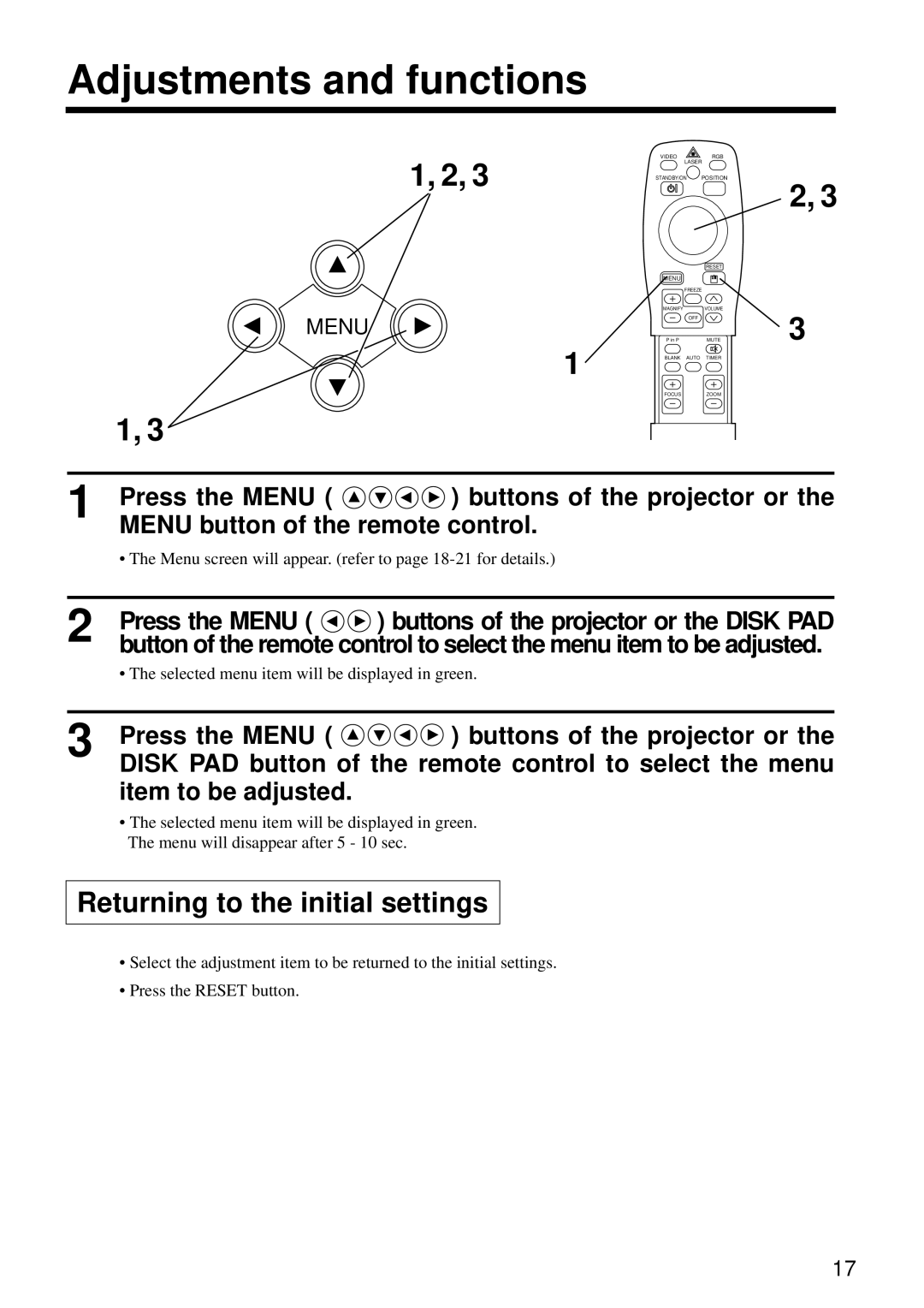 Hitachi CP-S860E user manual Adjustments and functions, Returning to the initial settings, Press the Menu 