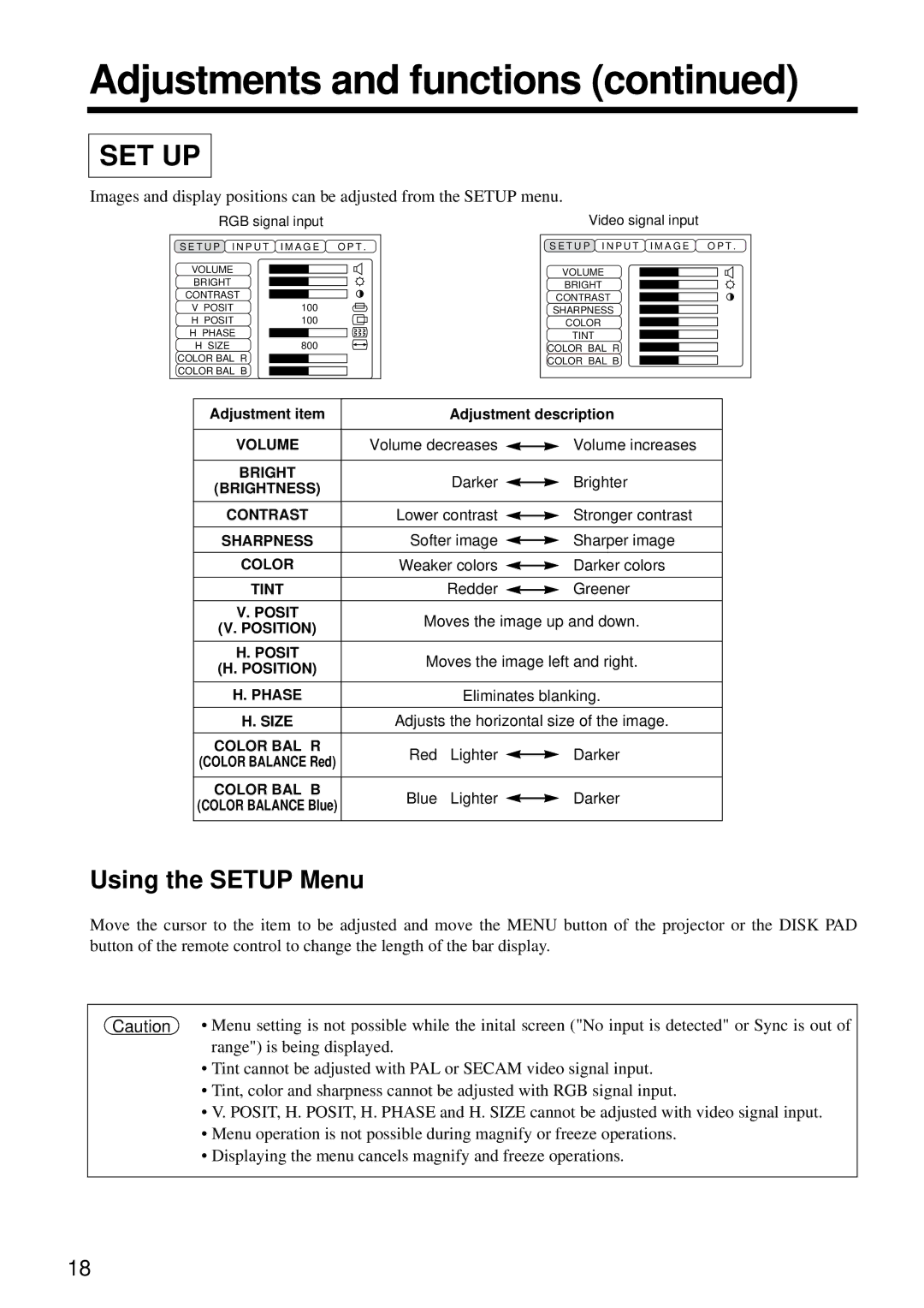 Hitachi CP-S860E user manual Using the Setup Menu 