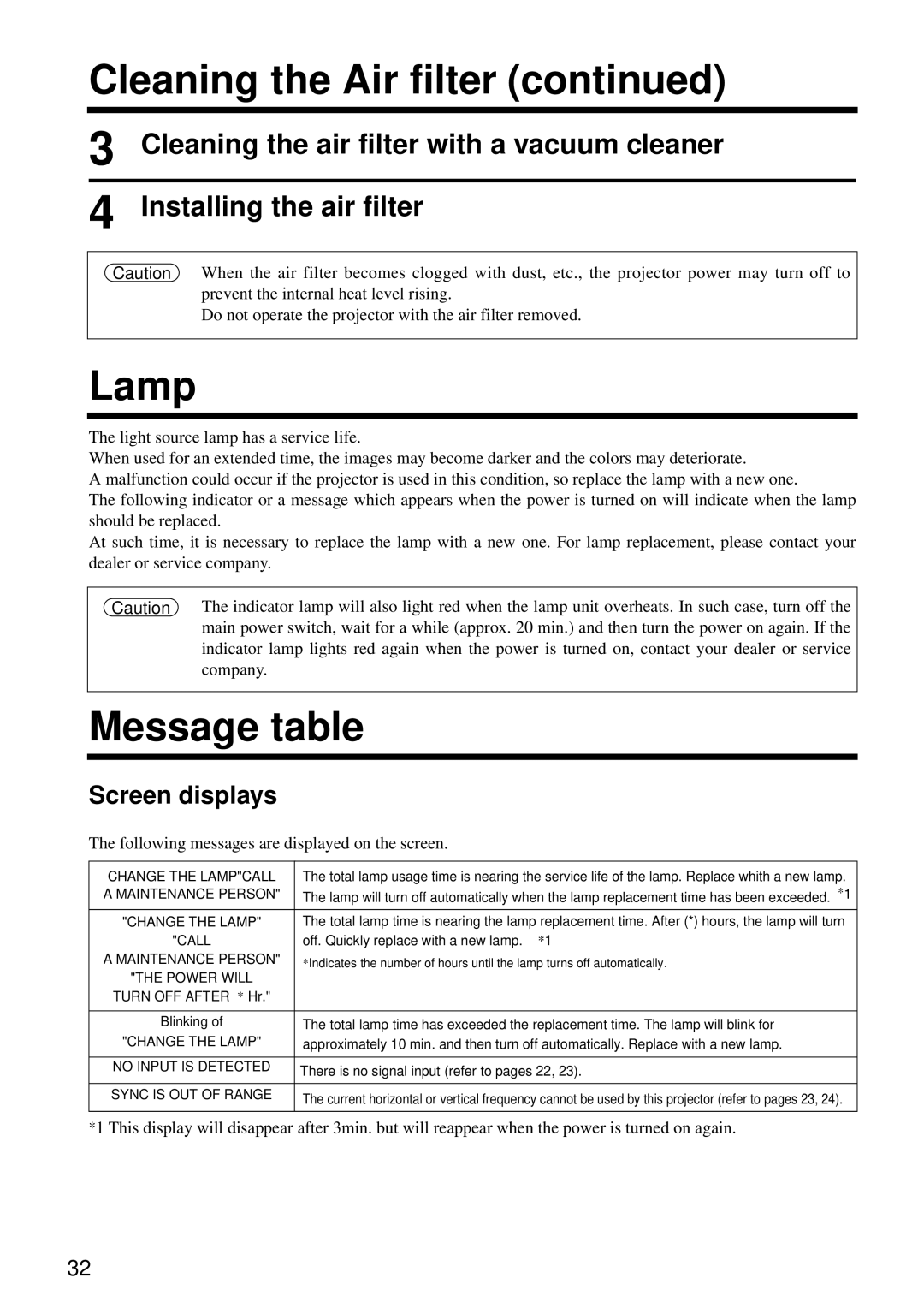 Hitachi CP-S860E user manual Lamp, Message table, Cleaning the air filter with a vacuum cleaner, Installing the air filter 