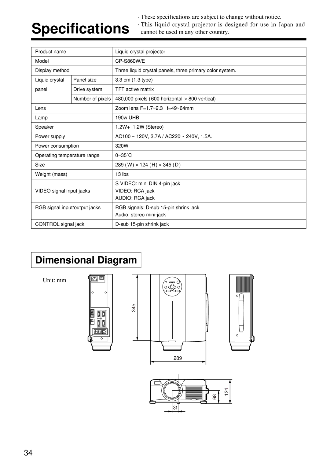 Hitachi CP-S860E user manual Specifications, Dimensional Diagram 