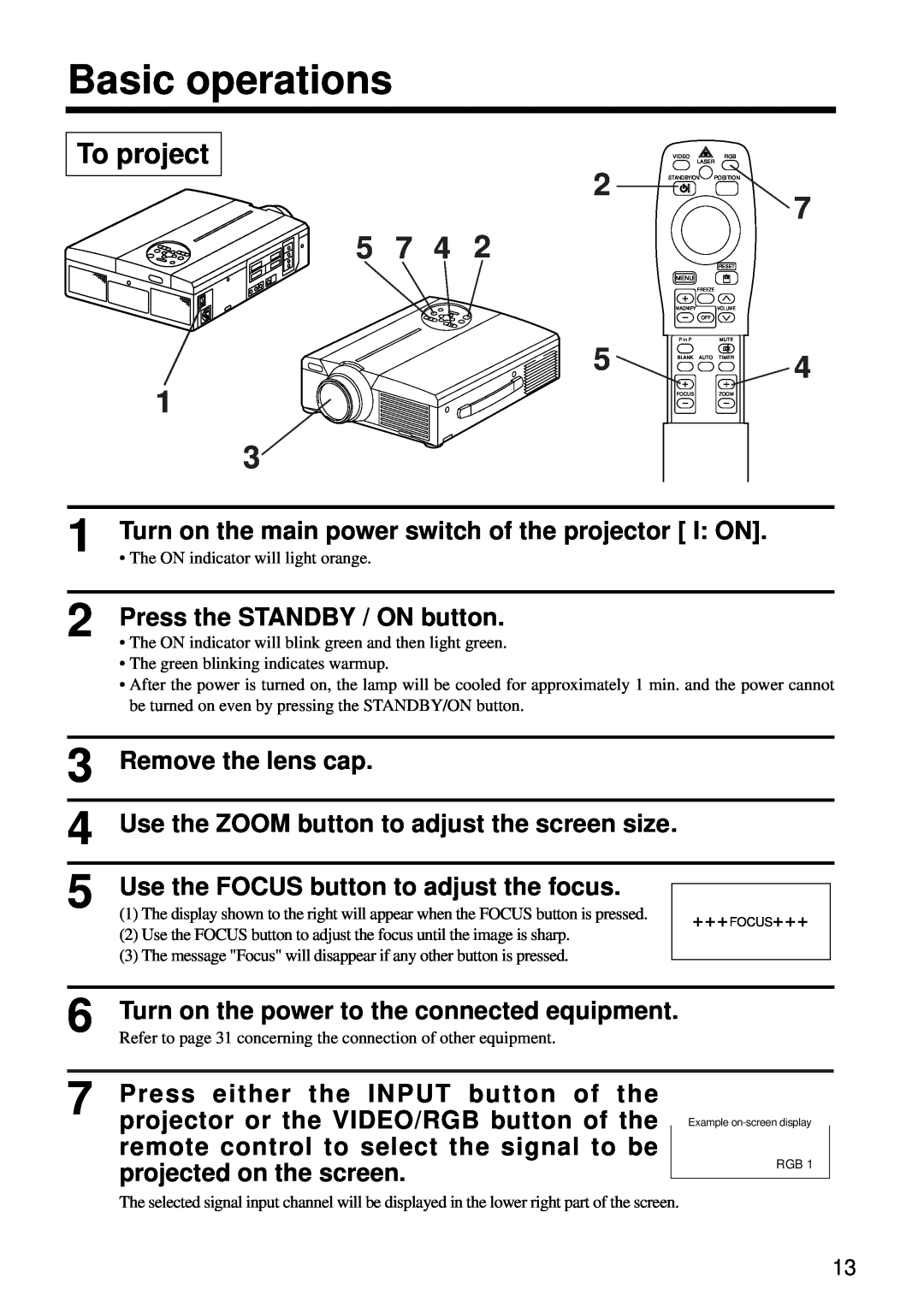 Hitachi CP-S860W user manual Basic operations, 2 5 7 4 5 3, To project, Press the STANDBY / ON button, Remove the lens cap 