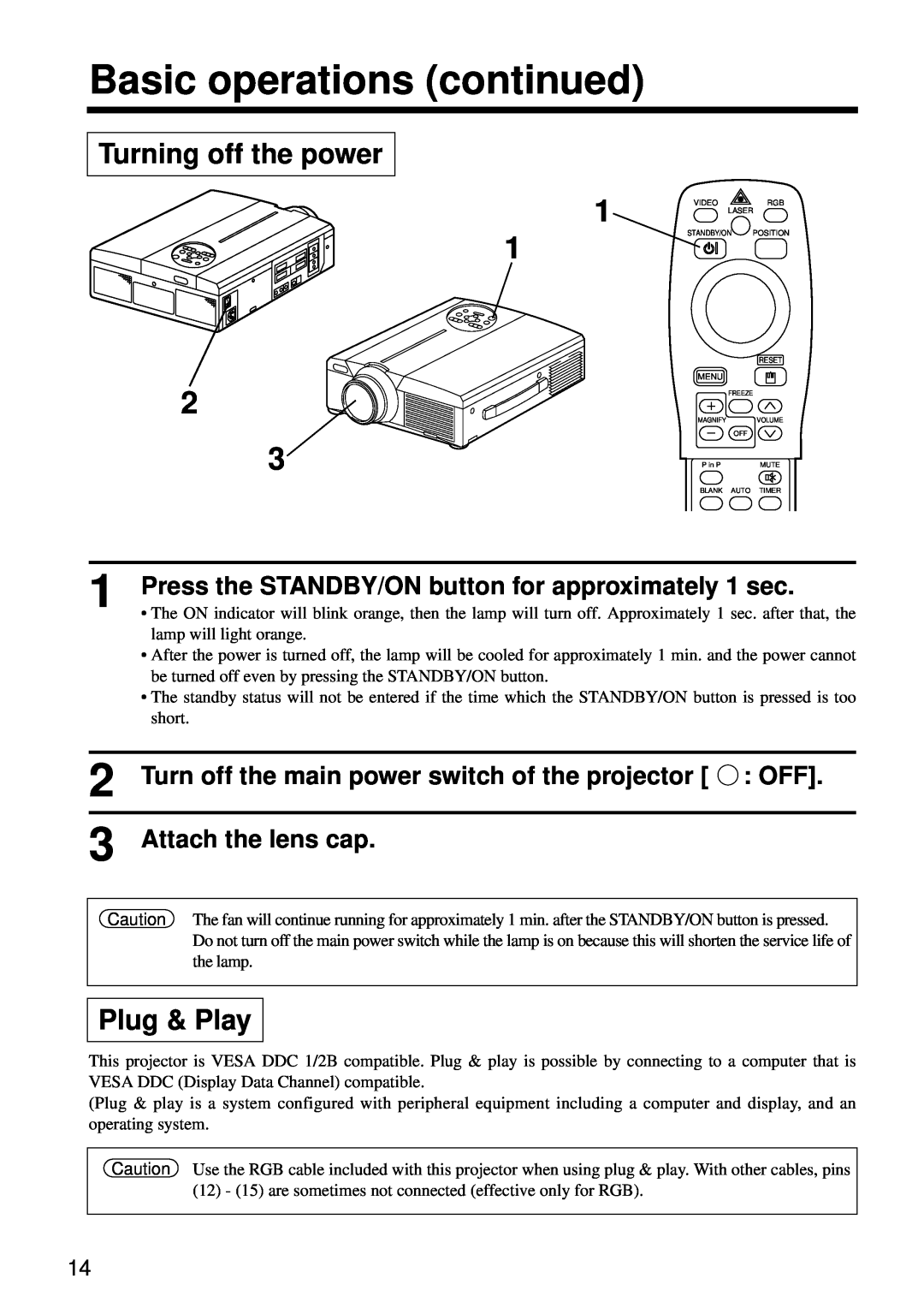 Hitachi CP-S860W user manual Basic operations continued, Turning off the power, Plug & Play, Attach the lens cap 