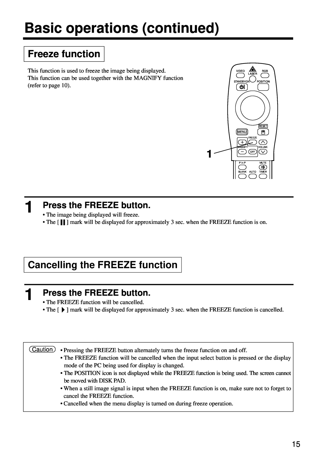 Hitachi CP-S860W Freeze function, Cancelling the FREEZE function, Press the FREEZE button, Basic operations continued 