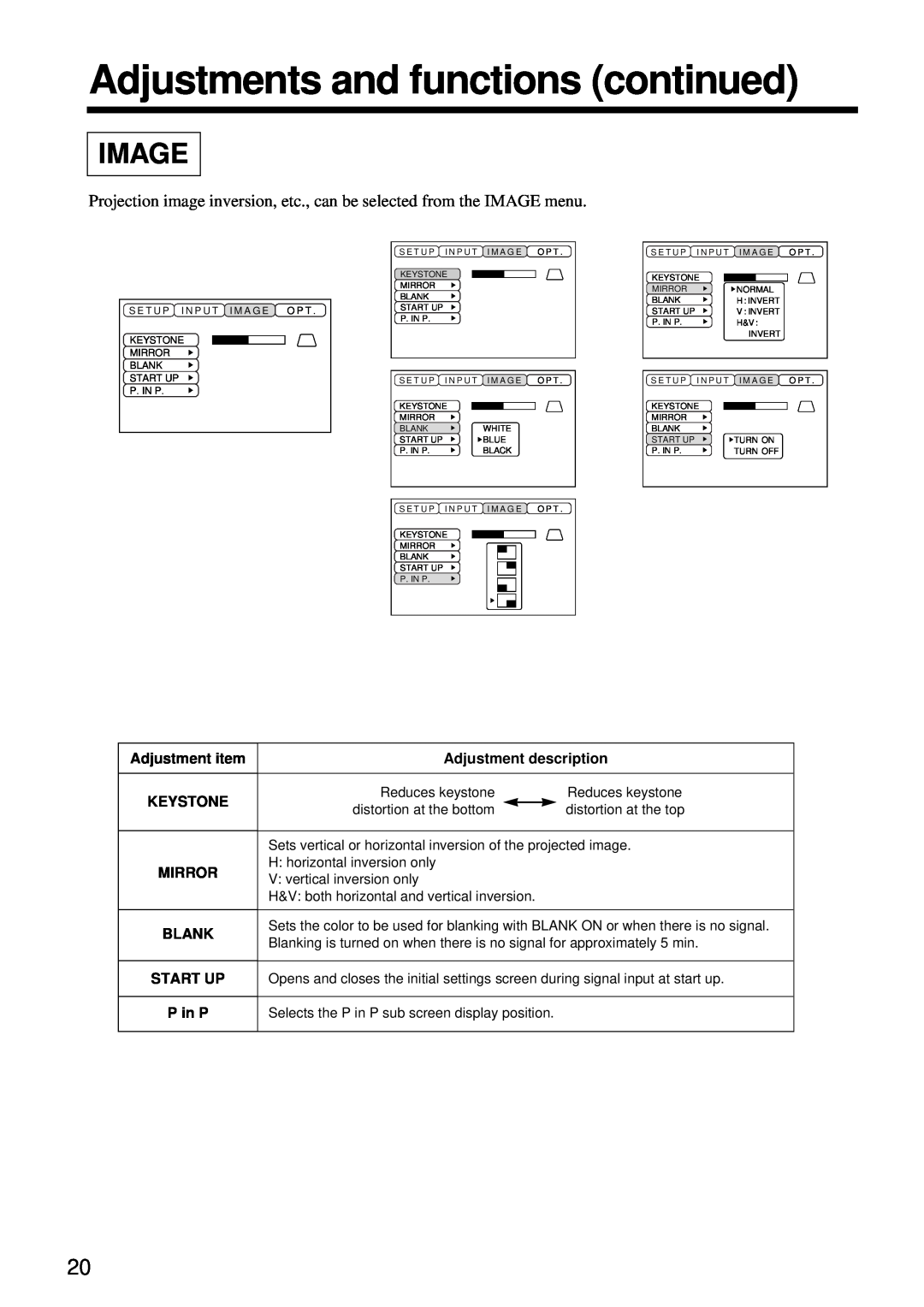 Hitachi CP-S860W user manual Image, Adjustments and functions continued, Mirror, Start Up, P in P 