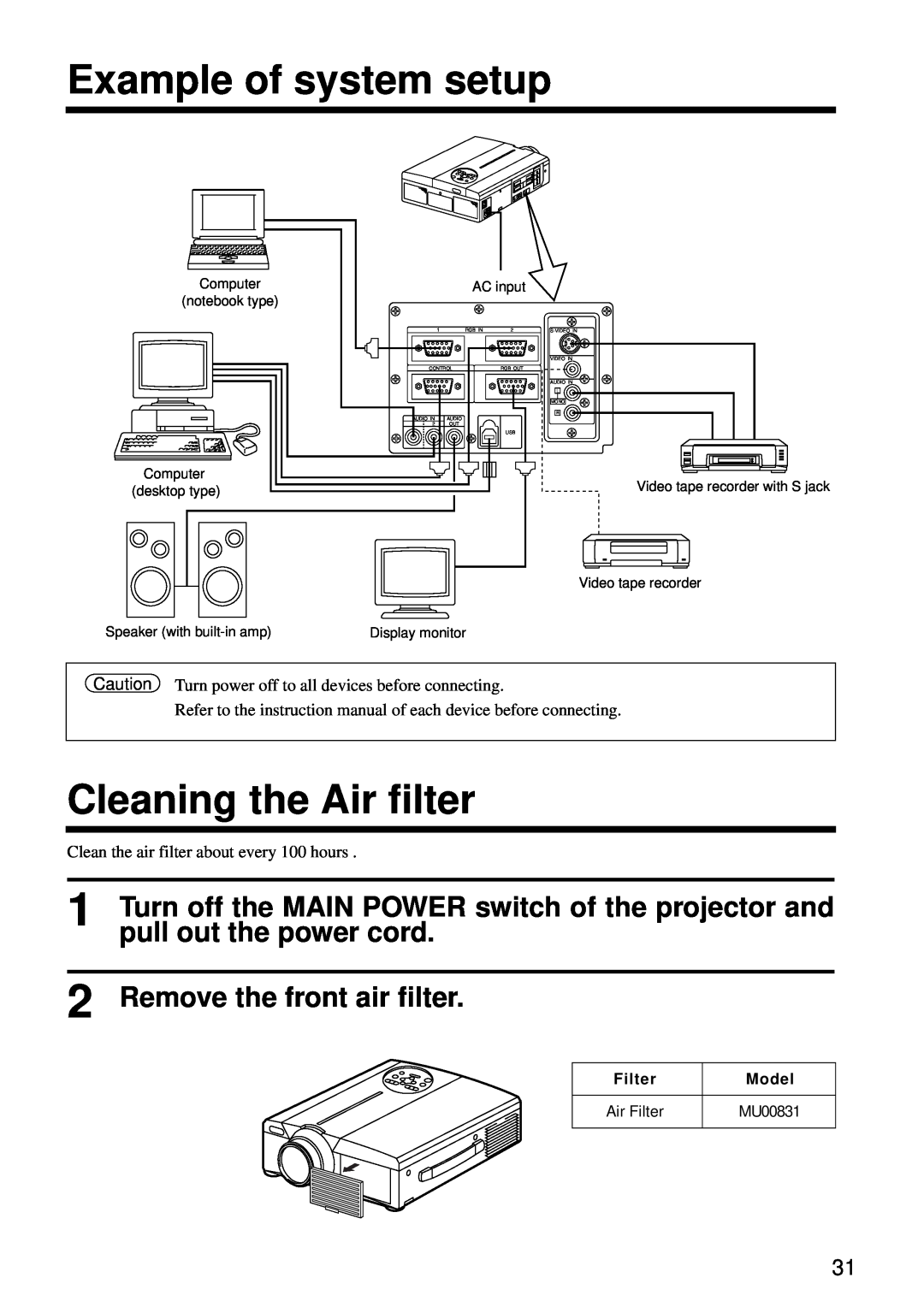 Hitachi CP-S860W Example of system setup, Cleaning the Air filter, pull out the power cord, Remove the front air filter 