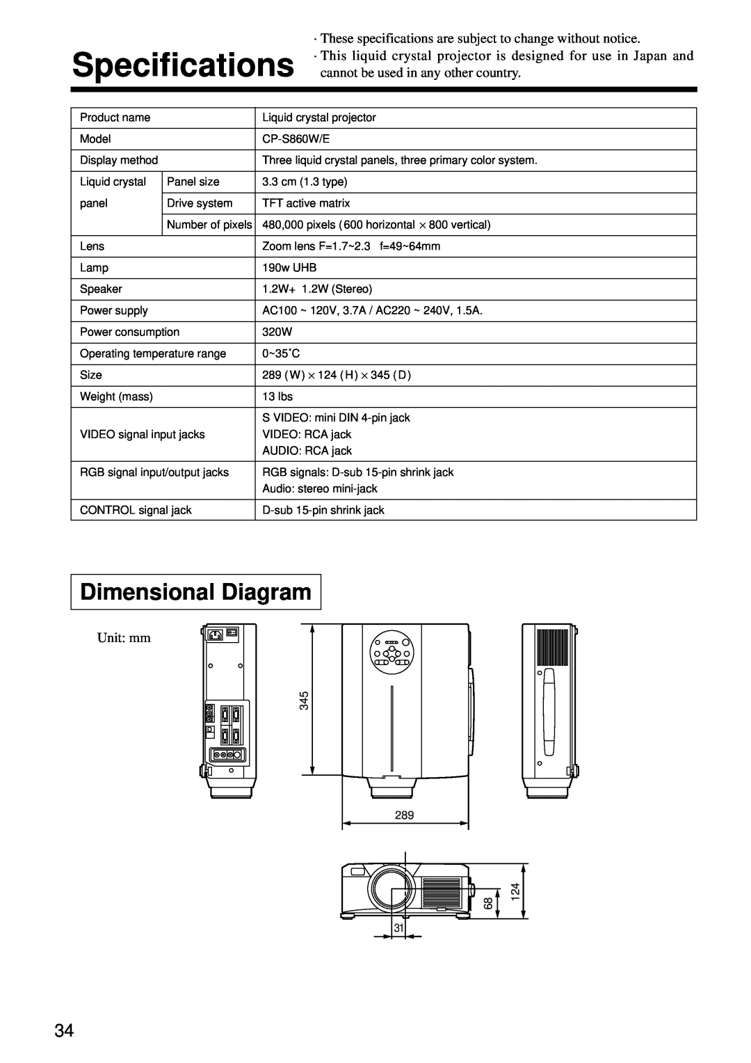 Hitachi CP-S860W user manual Specifications, Dimensional Diagram 