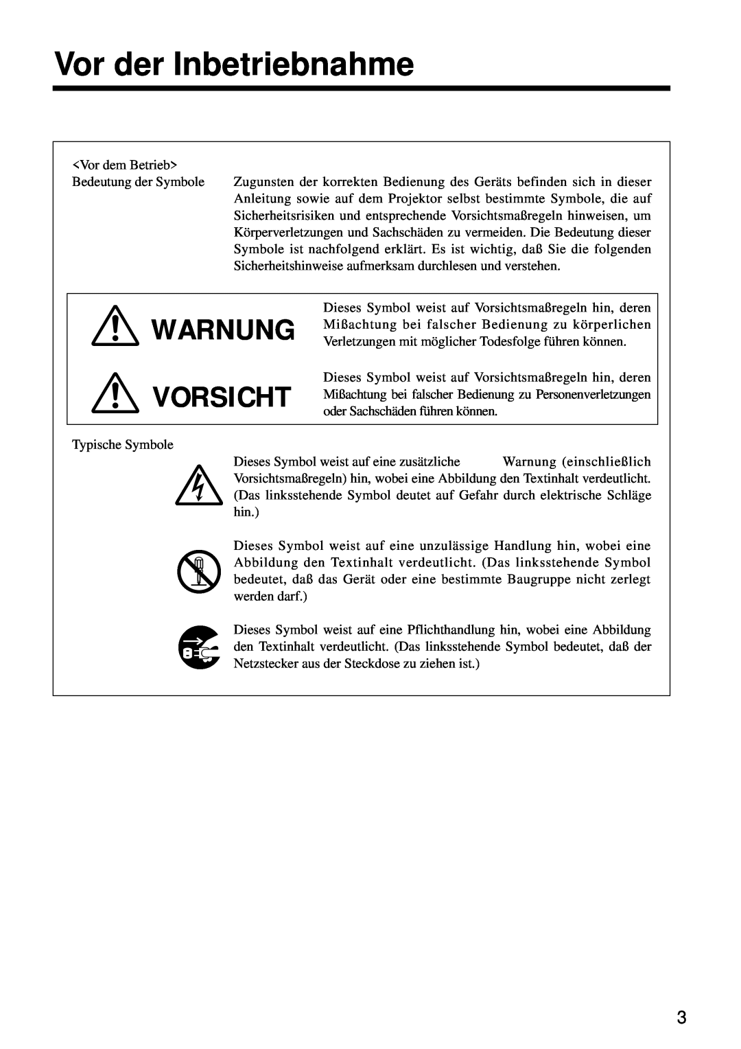 Hitachi CP-S860W user manual Vor der Inbetriebnahme, Warnung Vorsicht 