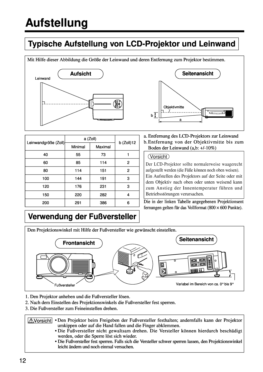 Hitachi CP-S860W user manual Aufstellung, Verwendung der Fußversteller, Aufsicht, Frontansicht, Seitenansicht 