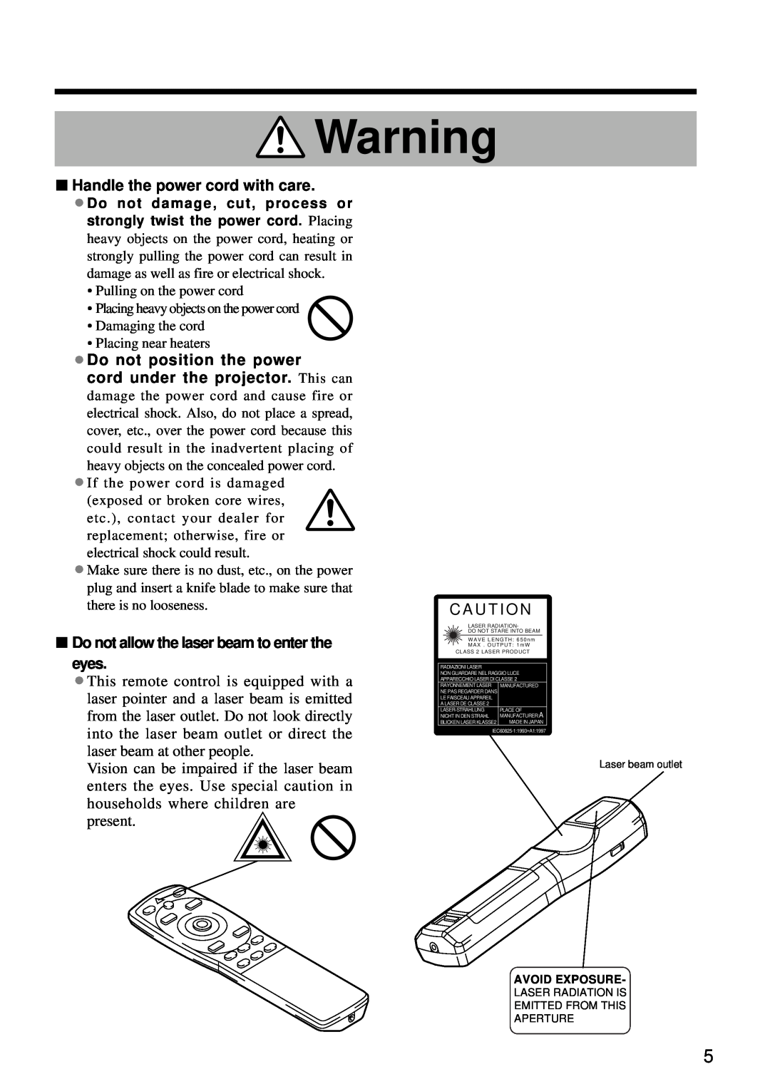 Hitachi CP-S860W user manual Handle the power cord with care, •Do not position the power, C A U T I O N 