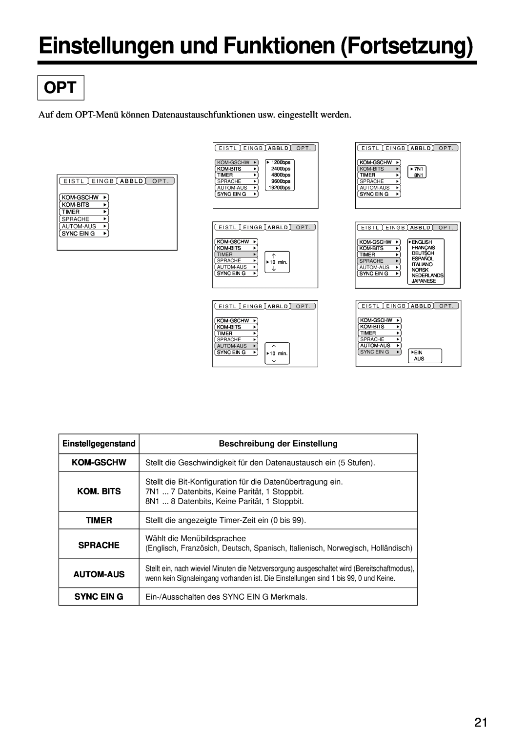 Hitachi CP-S860W Einstellungen und Funktionen Fortsetzung, Beschreibung der Einstellung, Timer, Sprache, Autom-Aus 
