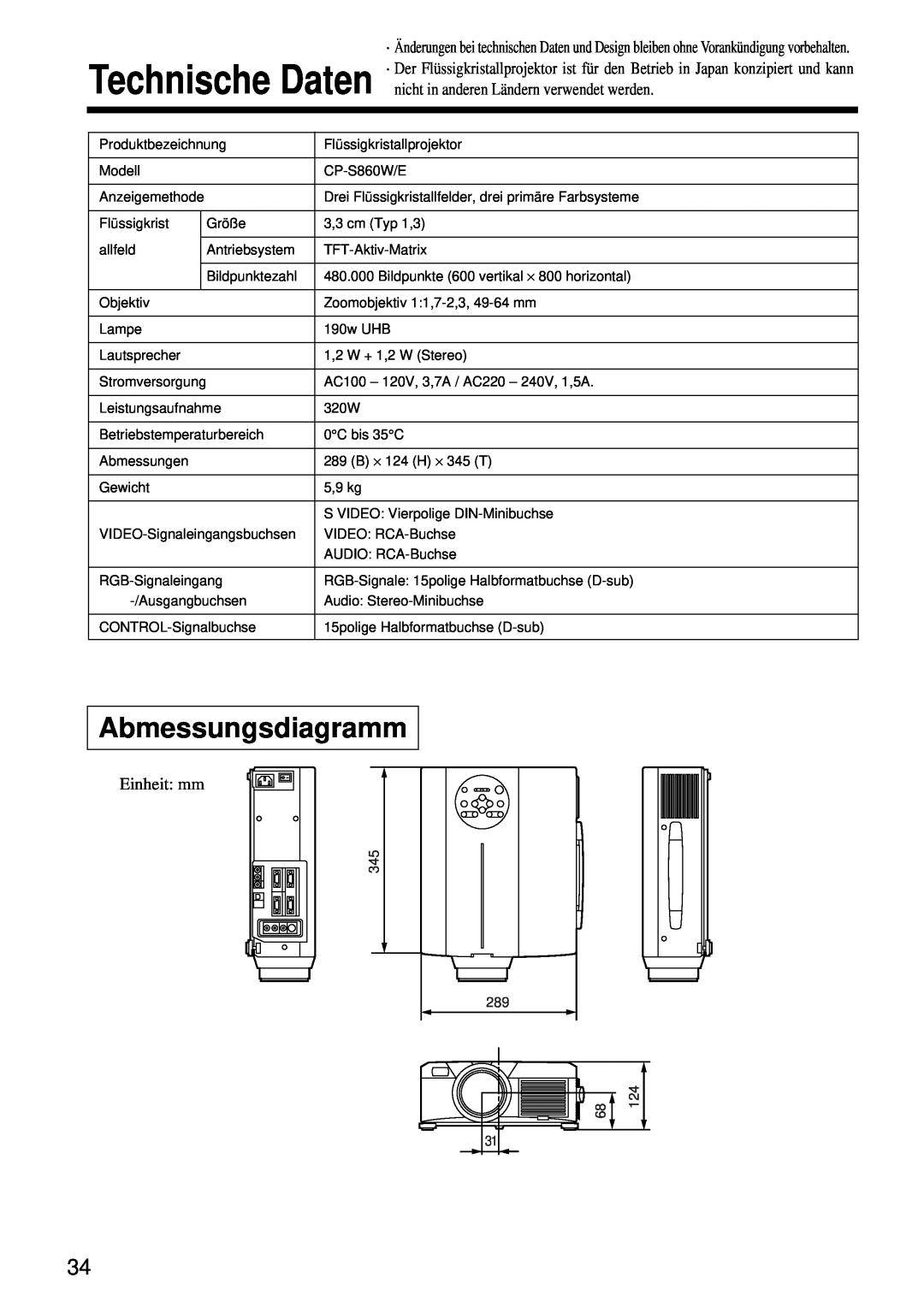 Hitachi CP-S860W user manual Technische Daten, Abmessungsdiagramm 