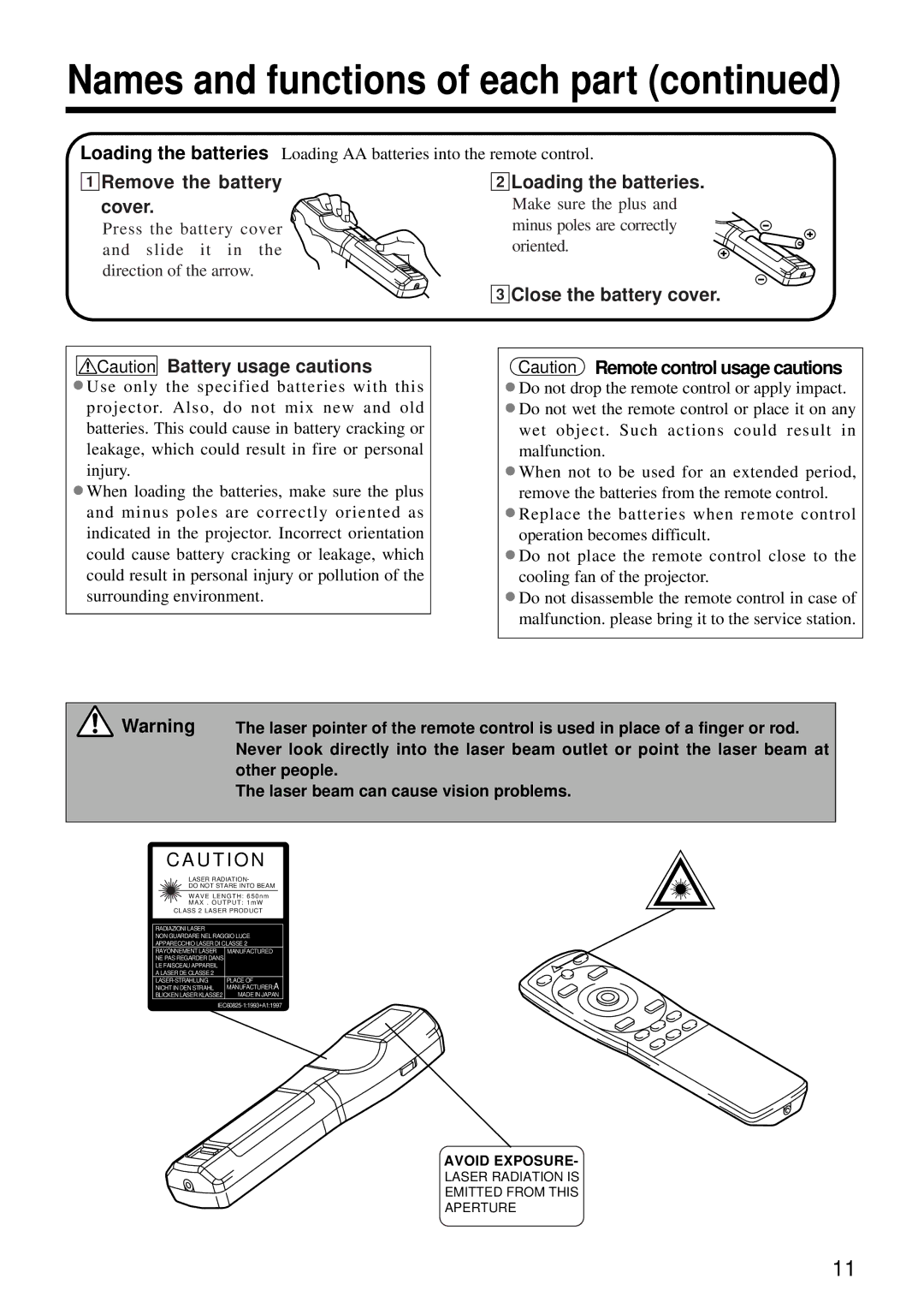 Hitachi CP-S860W user manual 1Remove the battery cover, 2Loading the batteries, 3Close the battery cover 