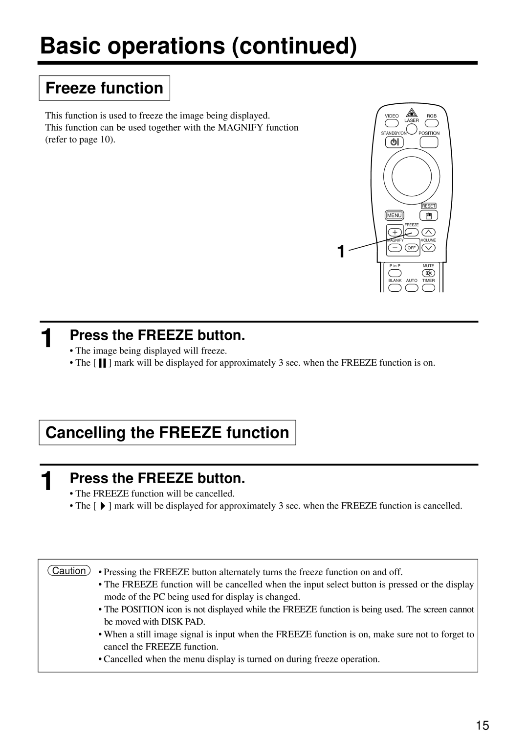 Hitachi CP-S860W user manual Cancelling the Freeze function, Press the Freeze button, Image being displayed will freeze 