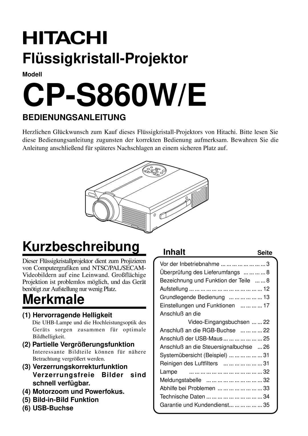 Hitachi CP-S860W user manual Kurzbeschreibung, Merkmale, InhaltSeite, Modell 