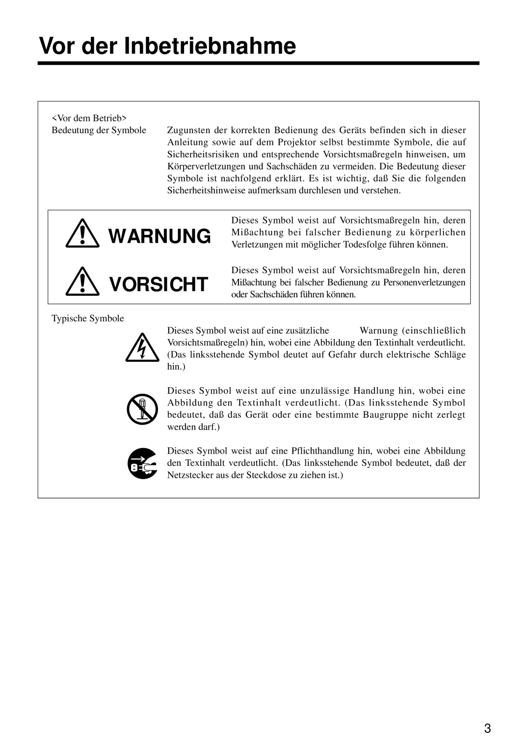 Hitachi CP-S860W user manual Vor der Inbetriebnahme, Warnung Vorsicht 