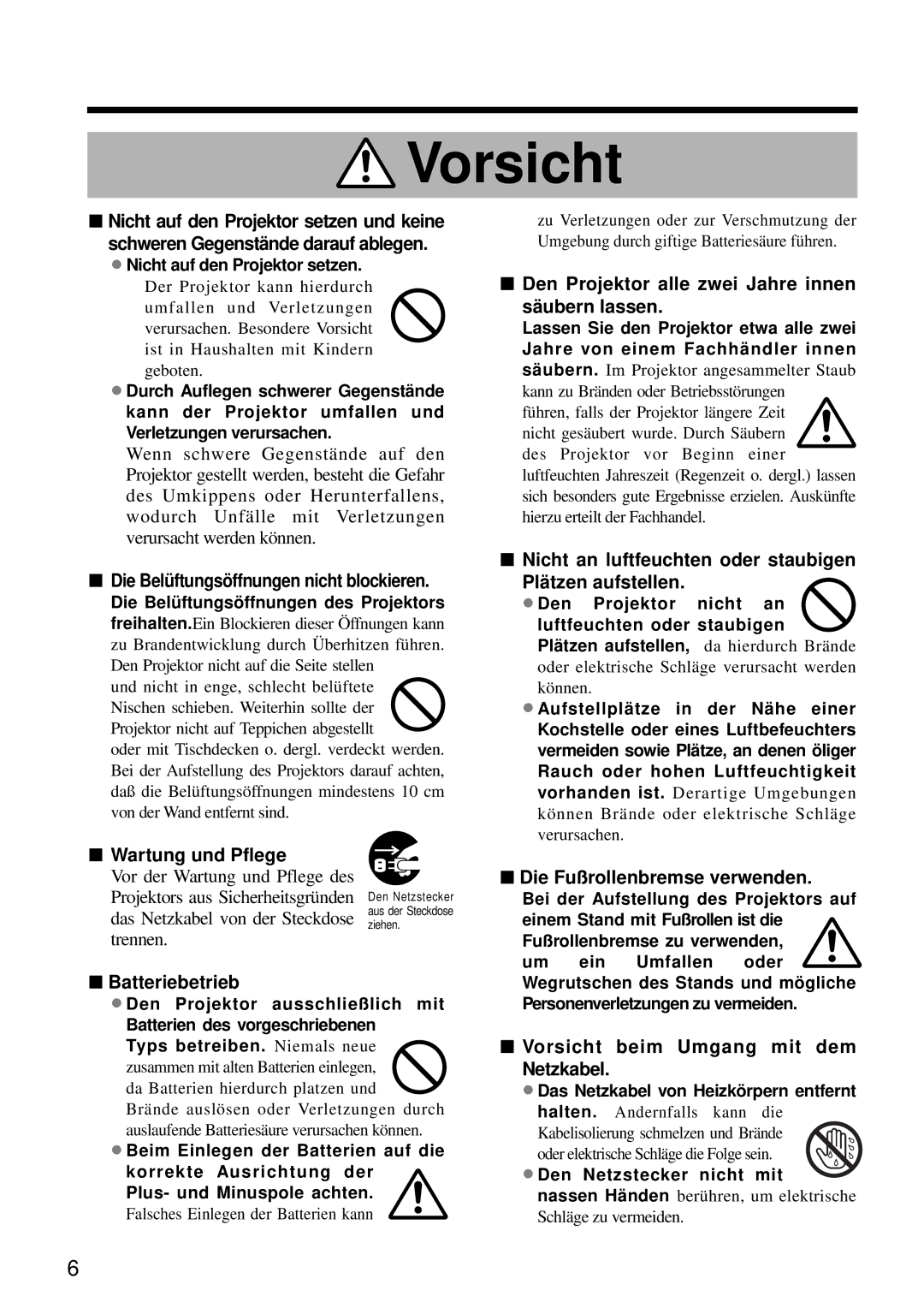 Hitachi CP-S860W user manual Die Belüftungsöffnungen nicht blockieren, Wartung und Pflege, Batteriebetrieb 