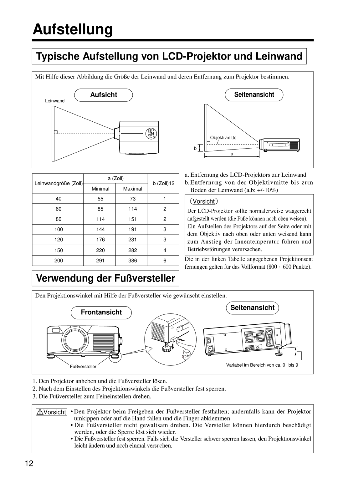 Hitachi CP-S860W Typische Aufstellung von LCD-Projektor und Leinwand, Verwendung der Fußversteller, Aufsicht 