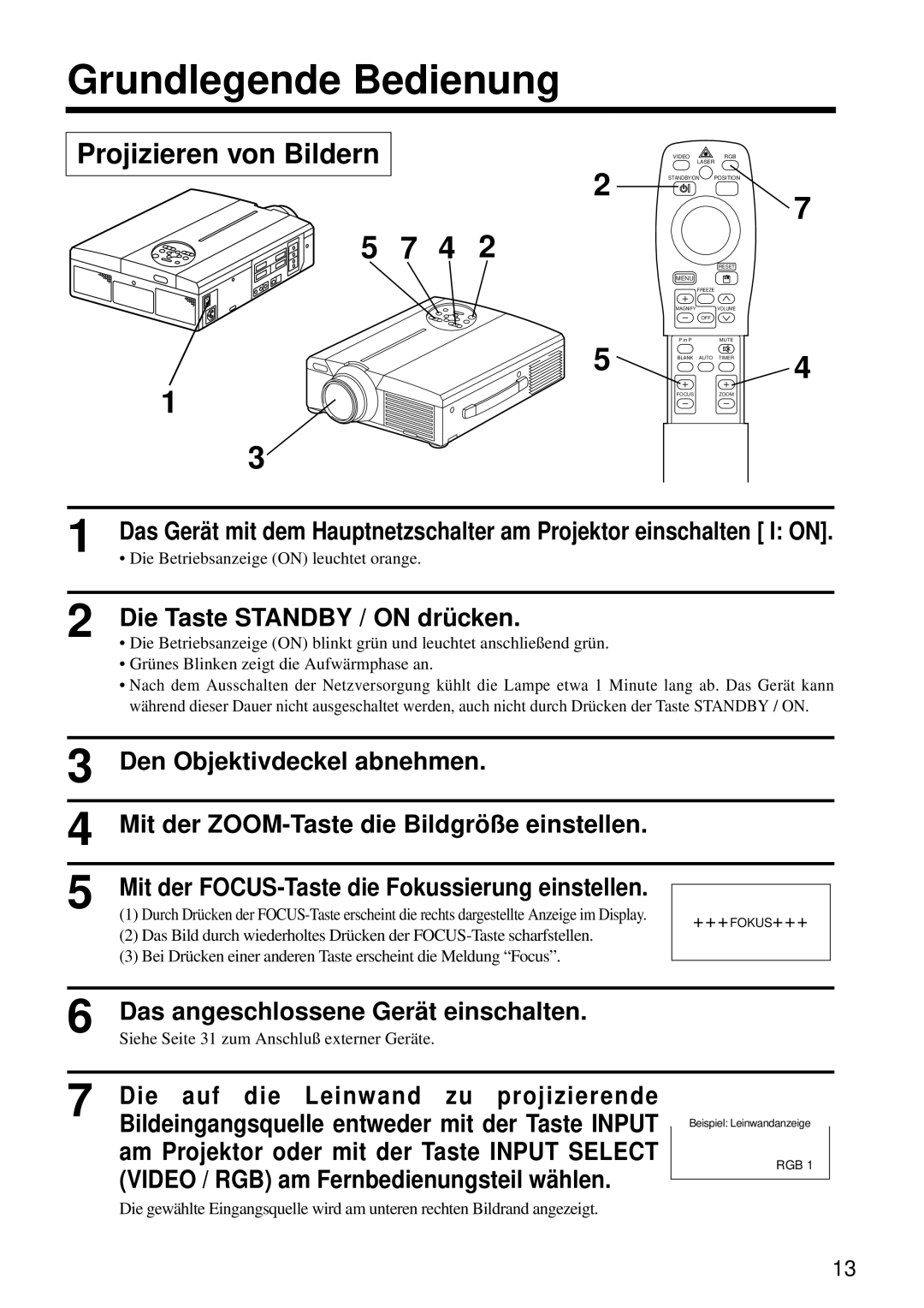 Hitachi CP-S860W user manual Grundlegende Bedienung, Projizieren von Bildern, Die Taste Standby / on drücken 