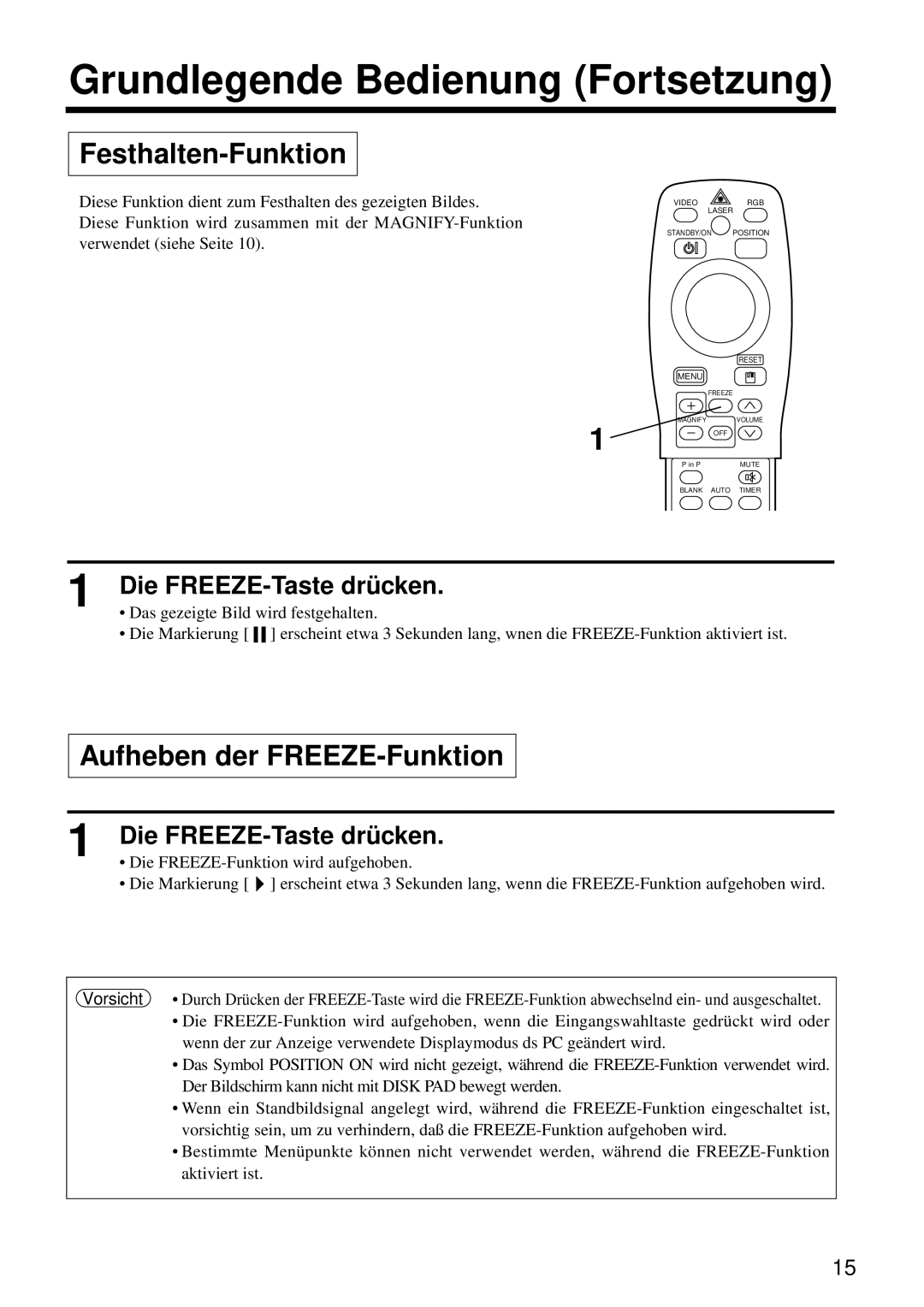 Hitachi CP-S860W user manual Festhalten-Funktion, Aufheben der FREEZE-Funktion, Die FREEZE-Funktion wird aufgehoben 