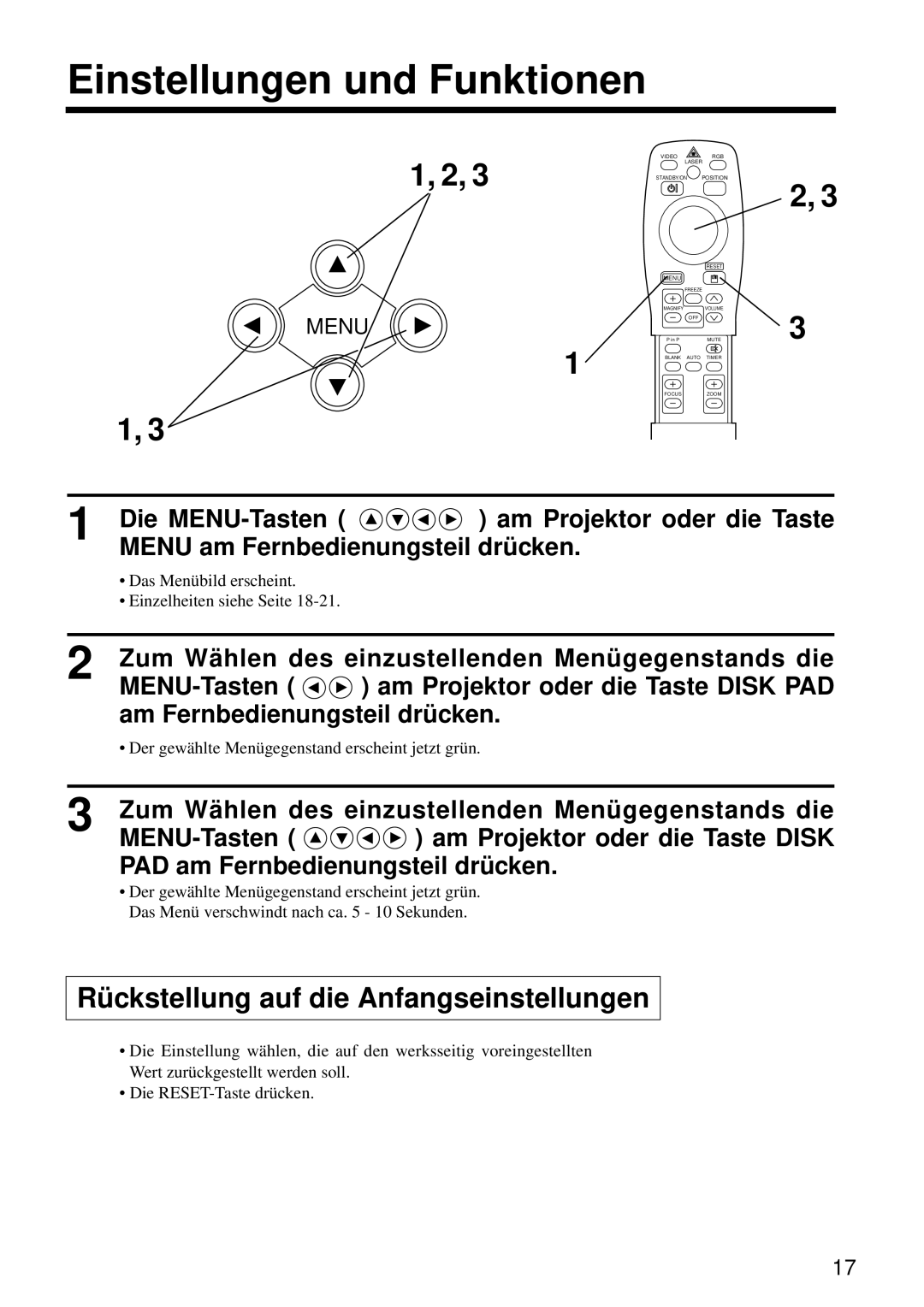 Hitachi CP-S860W user manual Einstellungen und Funktionen, Rückstellung auf die Anfangseinstellungen 