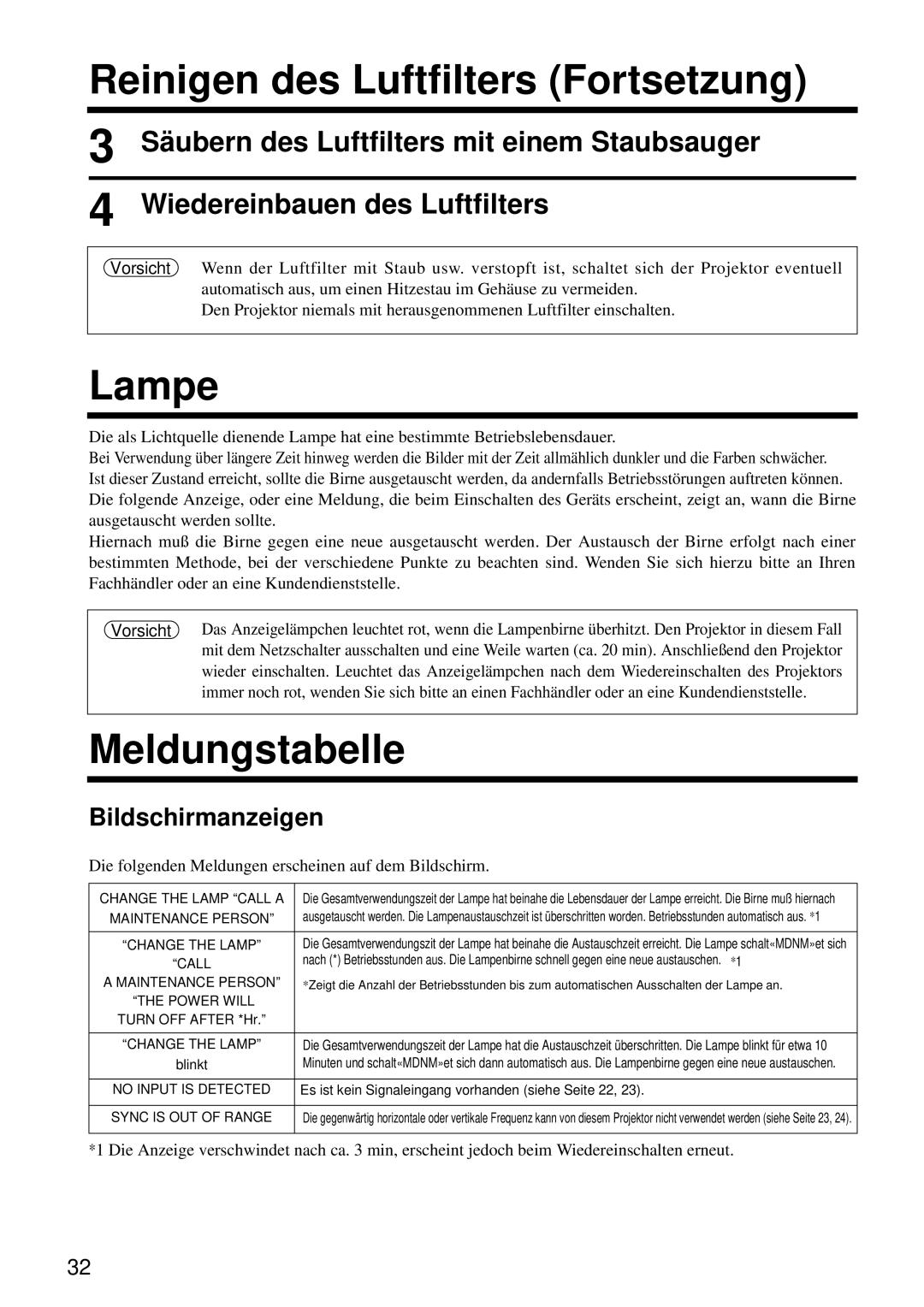 Hitachi CP-S860W user manual Reinigen des Luftfilters Fortsetzung, Lampe, Meldungstabelle, Bildschirmanzeigen 