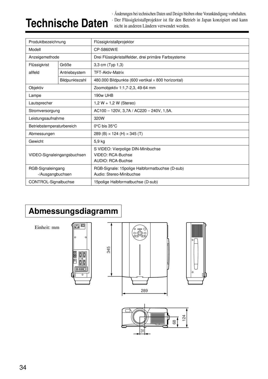 Hitachi CP-S860W user manual Abmessungsdiagramm, Nicht in anderen Ländern verwendet werden, Einheit mm 