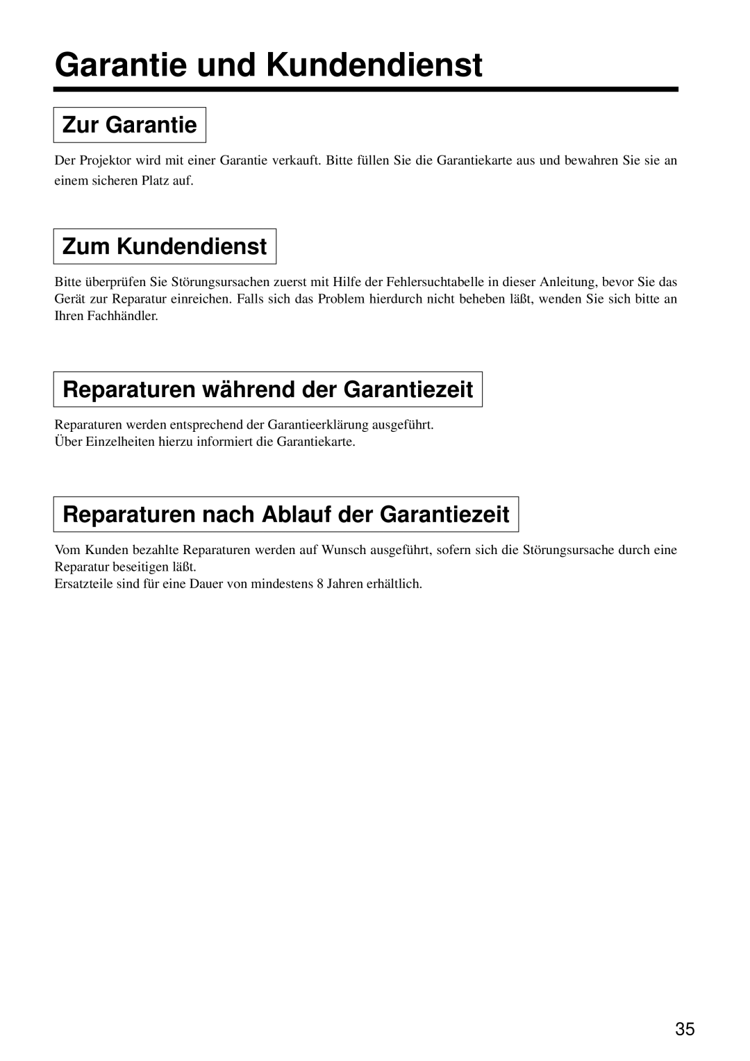 Hitachi CP-S860W Garantie und Kundendienst, Zur Garantie, Zum Kundendienst, Reparaturen während der Garantiezeit 