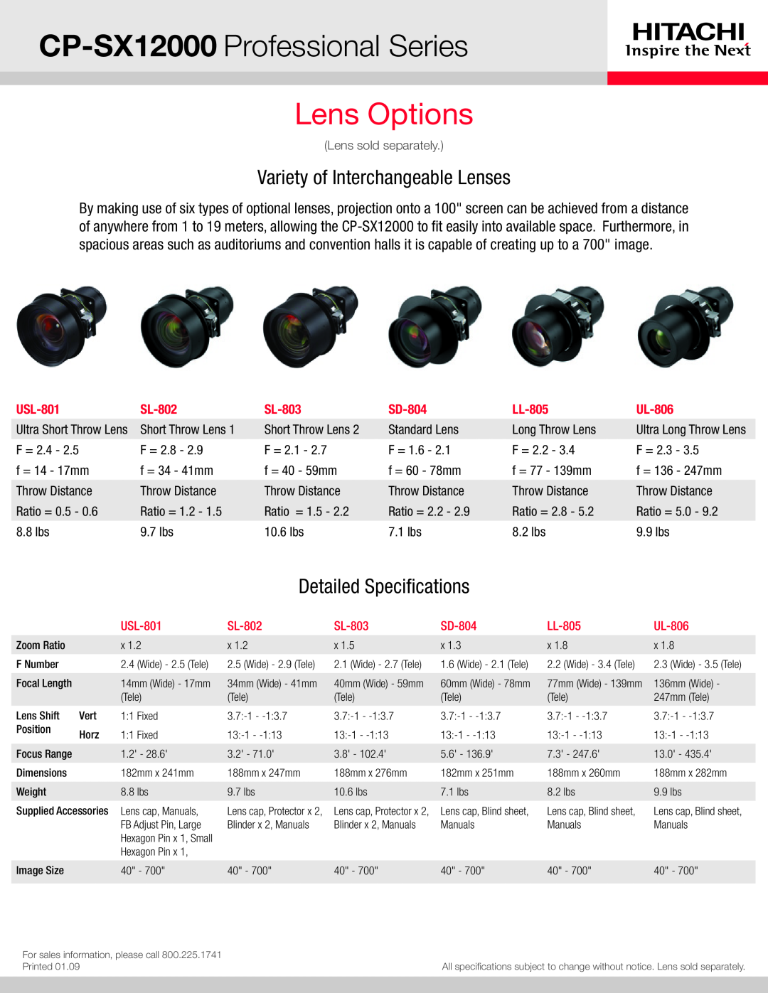 Hitachi manual CP-SX12000 Professional Series, Lens Options, Variety of Interchangeable Lenses, Detailed Specifications 