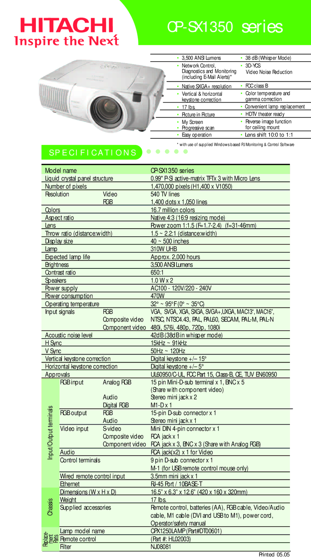 Hitachi CP-SX1350 Series specifications CP-SX1350 series, Specification S, Rgb 