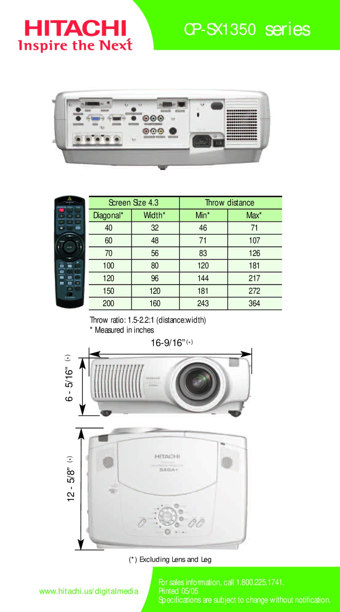 Hitachi CP-SX1350 Series specifications CP-SX1350 series, 16-9/16 12 5/8, Screen Size Throw distance Diagonal Width Min Max 