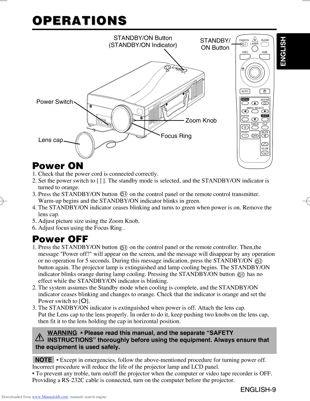 Hitachi CP-SX5500W manual Operations, Power on, Power OFF, Equipment is used safely 