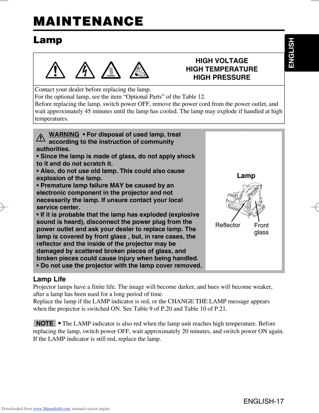 Hitachi CP-SX5500W manual Maintenance, Lamp Life, Reflector Front glass 